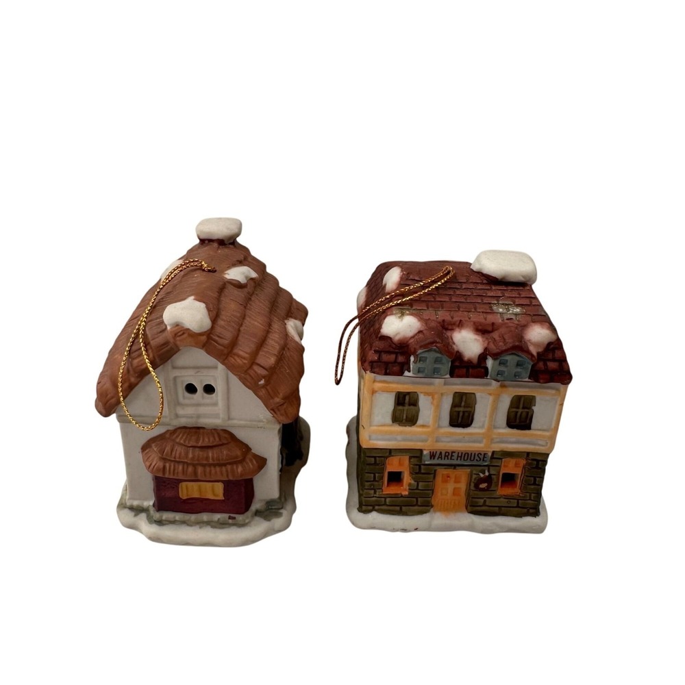 Vintage Porcelain Christmas Village House Bell Ornaments Set‎ 2 Pieces 1990